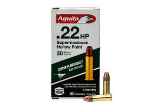 Aguila 22LR 30gr Copper Plated HP Supermaximum Hyper Velocity Ammo comes in a box of 50